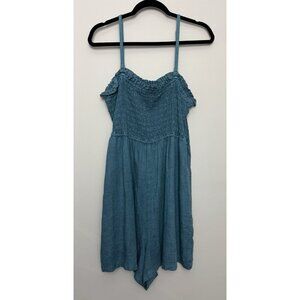 Anthropologie Pilcro Romper Linen Blue Ruched Sleeveless One Piece Size Large